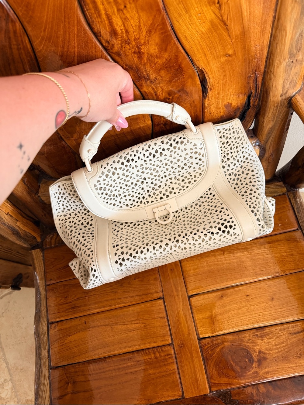 Salvatore Ferragamo Cream Laser-Cut Top-Handle Satchel